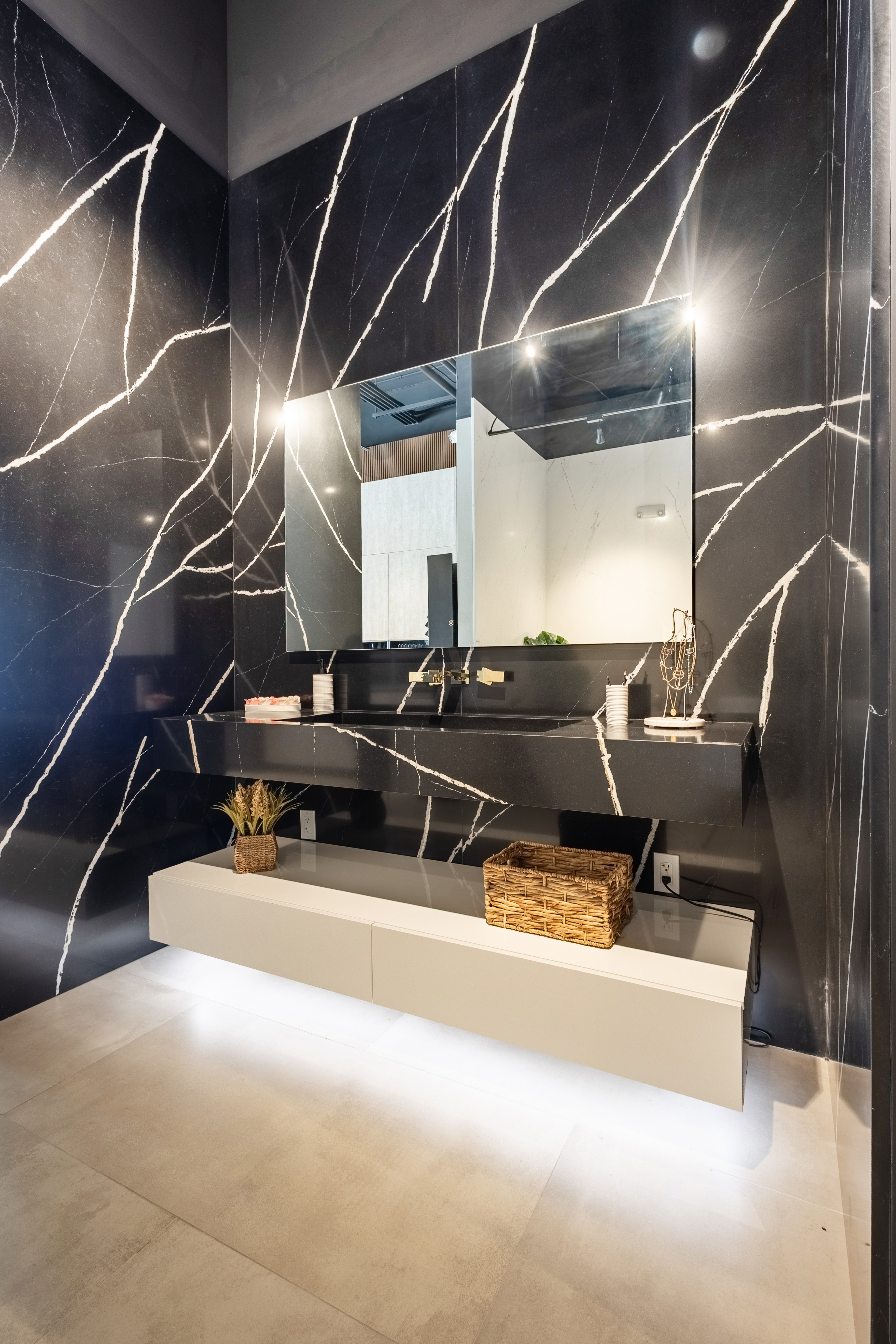 Azzurri Casa Black Stone Bathroom Vanity Sink with Glossy White Storage Cabinet