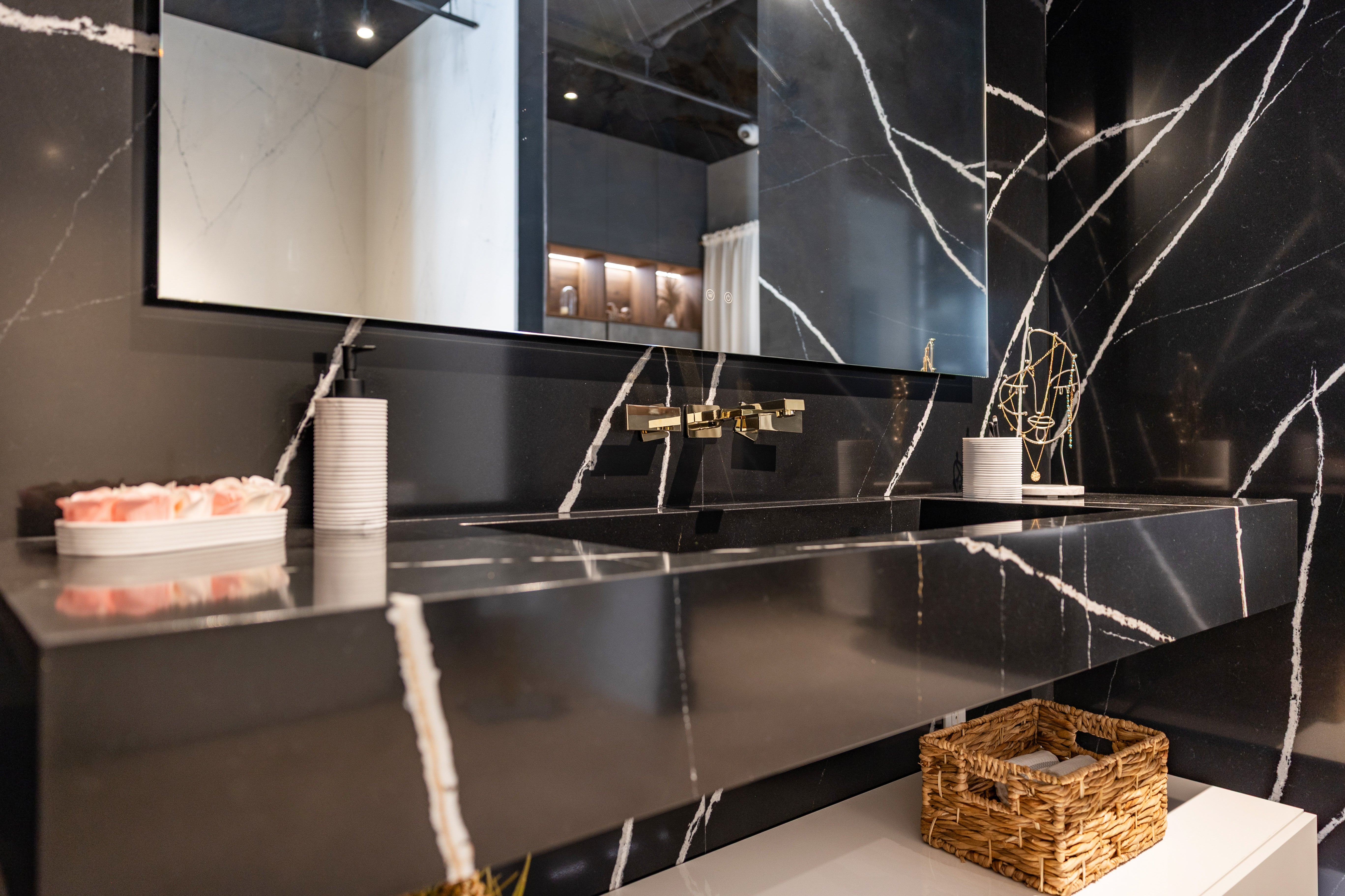 Azzurri Casa Black Stone Bathroom Vanity Sink with Glossy White Storage Cabinet