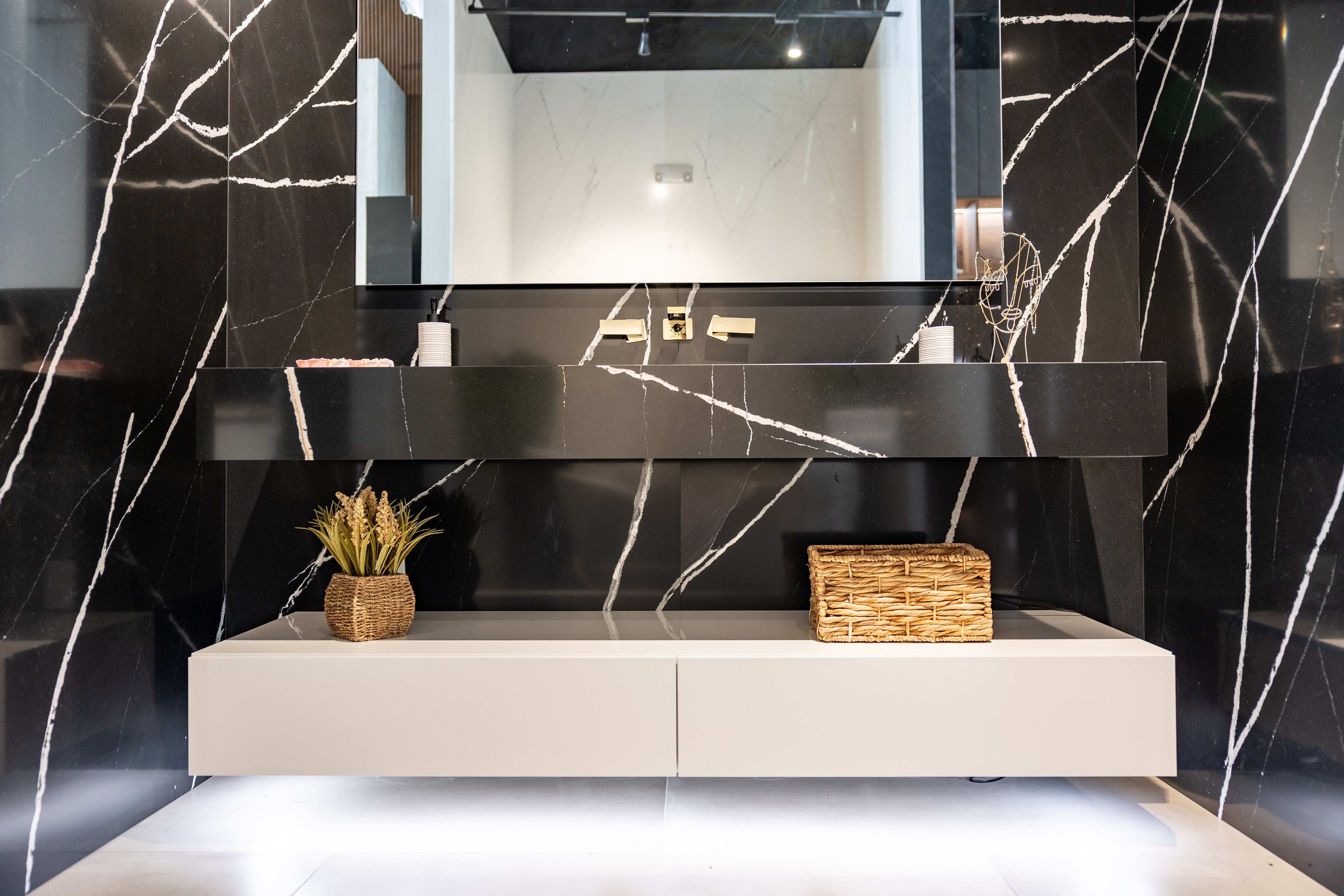 Azzurri Casa Black Stone Bathroom Vanity Sink with Glossy White Storage Cabinet