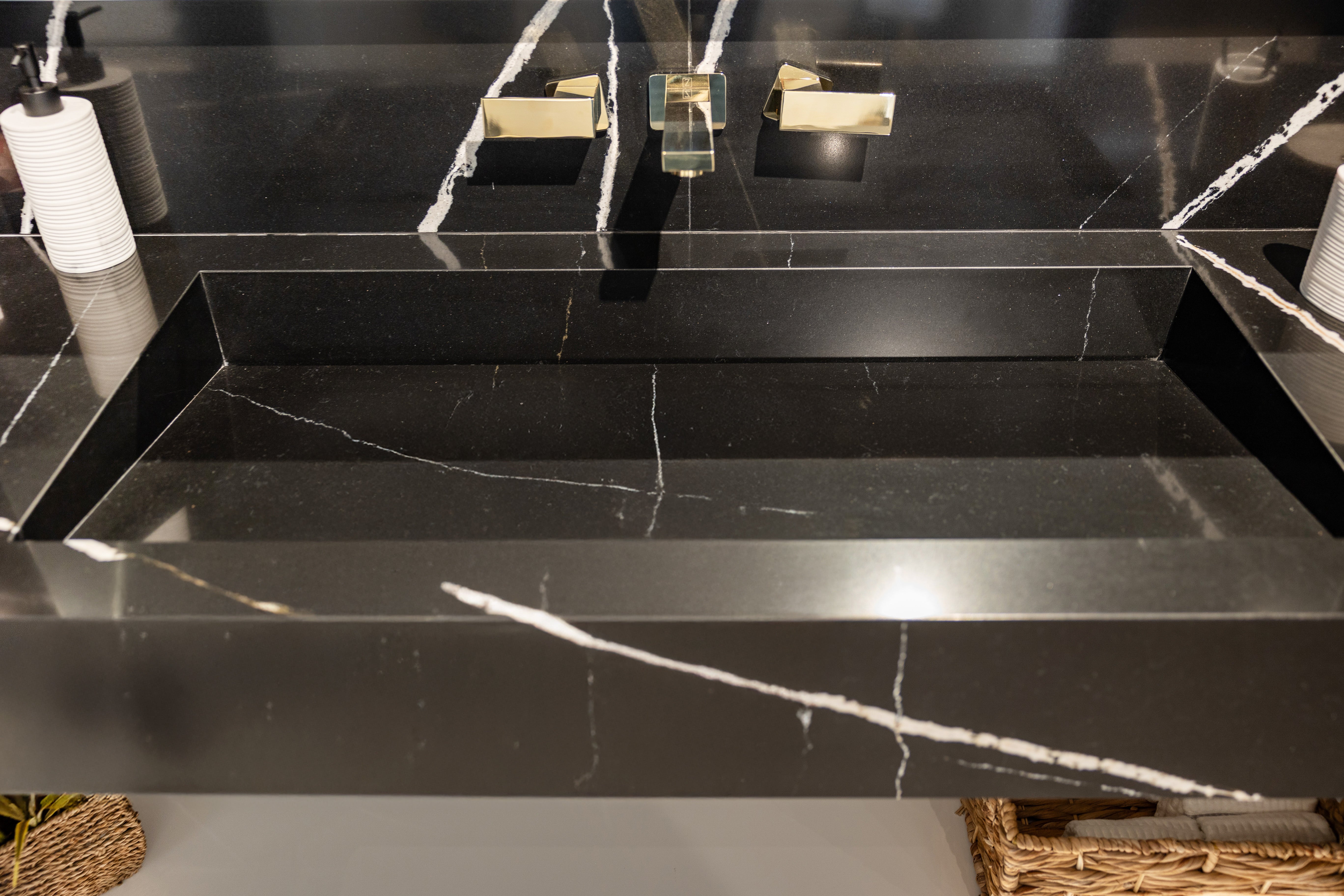 Azzurri Casa Black Stone Bathroom Vanity Sink with Glossy White Storage Cabinet