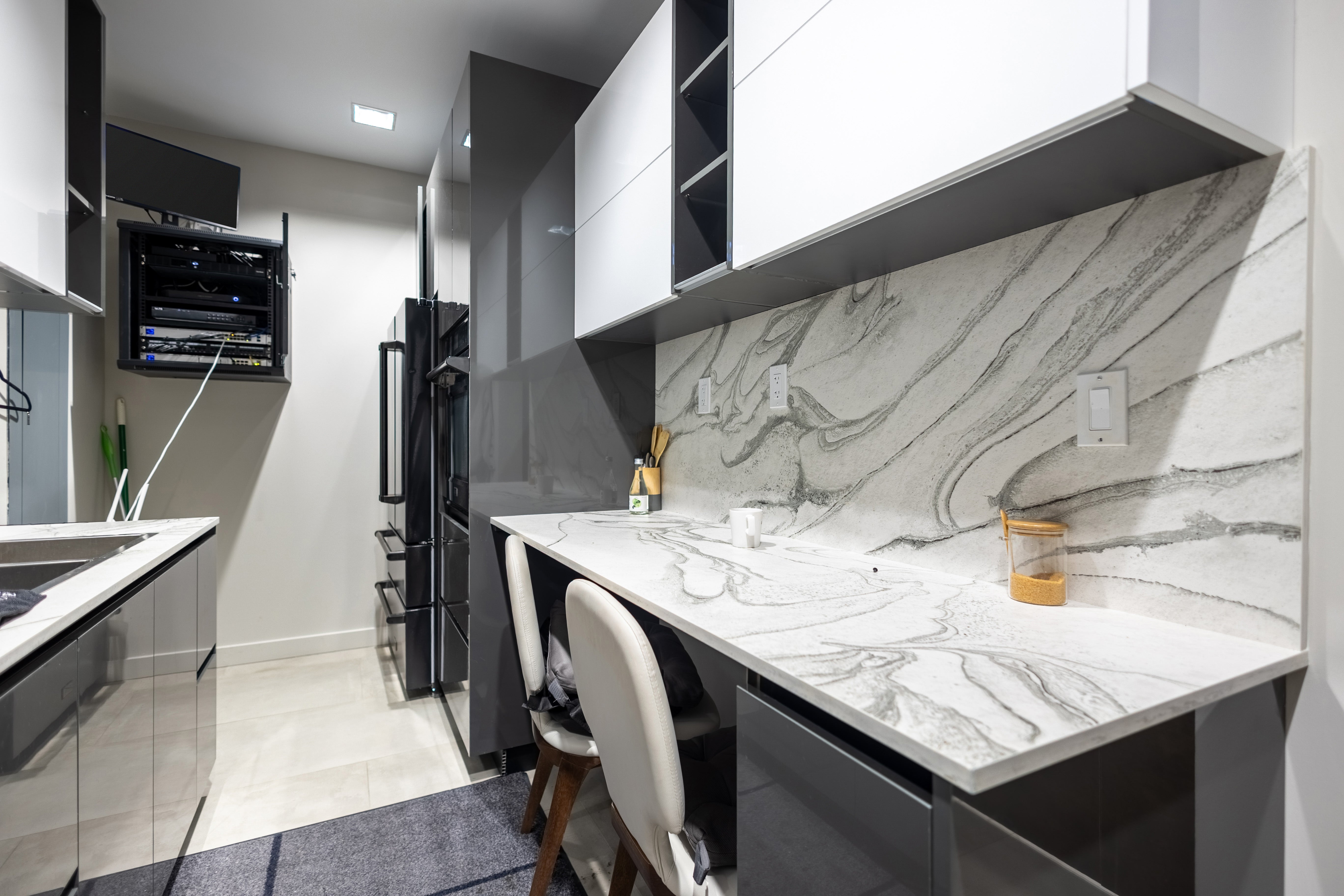 Azzurri Casa Glossy Grey & White Kitchen with Dekton Countertops and ZLINE Appliances