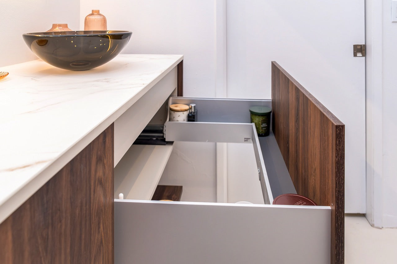 Poggenpohl Smoked Oak Vertical Grain Floating Vanity with Mirror
