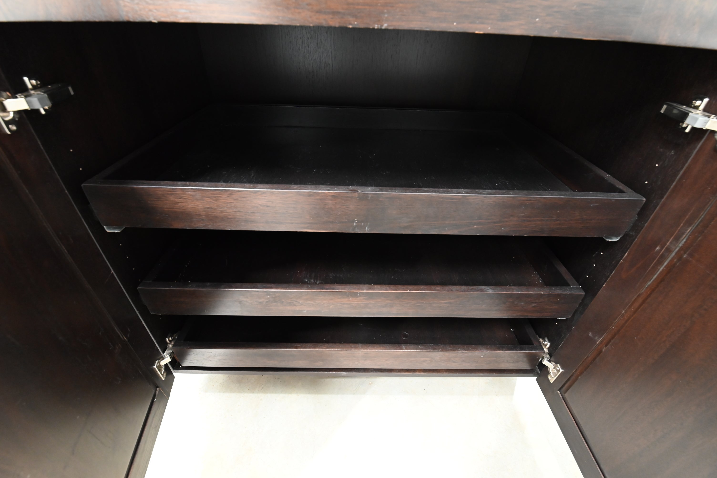 Transitional Dark Wooden Brown Kitchen with Island, Marble Countertops & Luxury Appliances