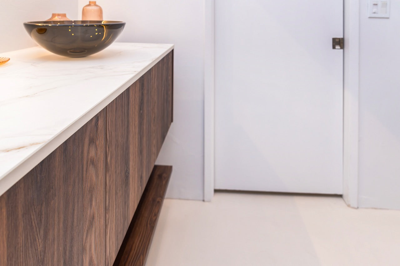 Poggenpohl Smoked Oak Vertical Grain Floating Vanity with Mirror