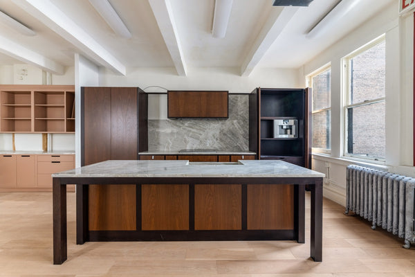 Plato Natural Walnut & Espresso Modern Kitchen with Gaggenau Appliances