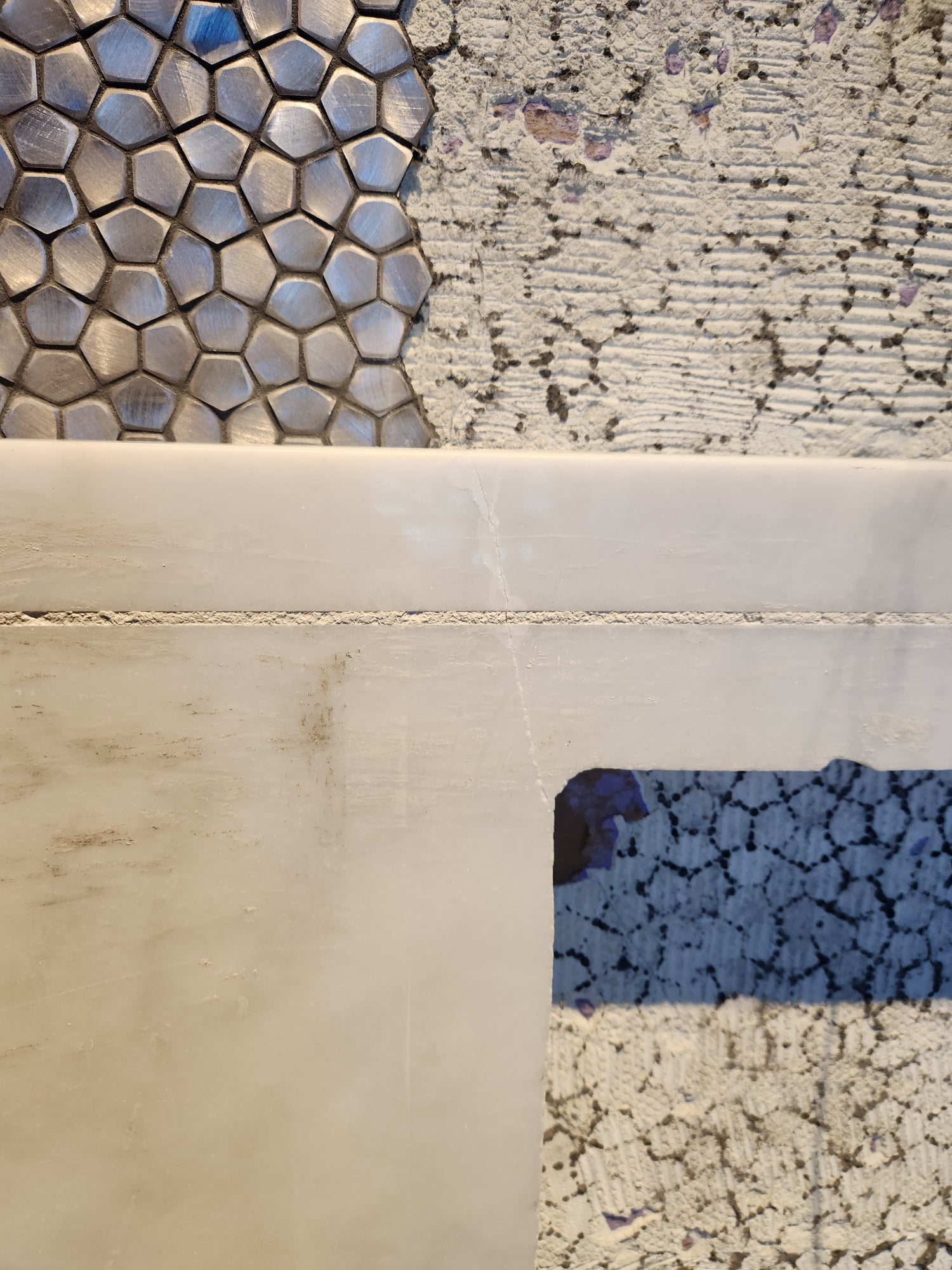 Modern White and Brown Wood Veneer Kitchen with Waterfall Island, Marble Countertops & Miele Appliances