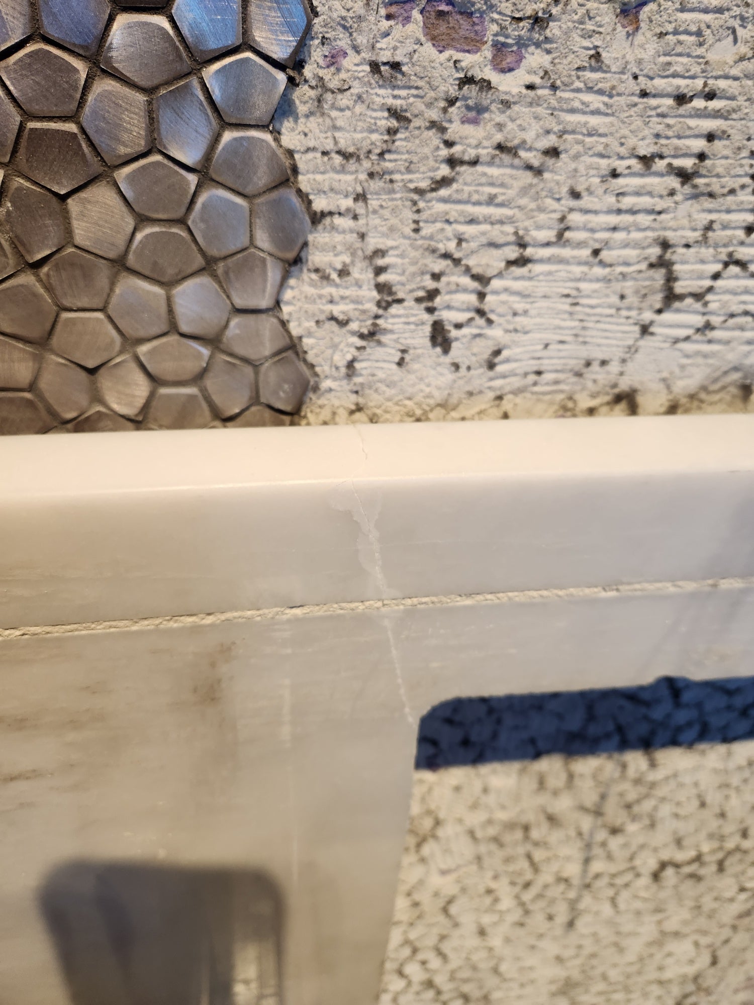 Modern White and Brown Wood Veneer Kitchen with Waterfall Island, Marble Countertops & Miele Appliances