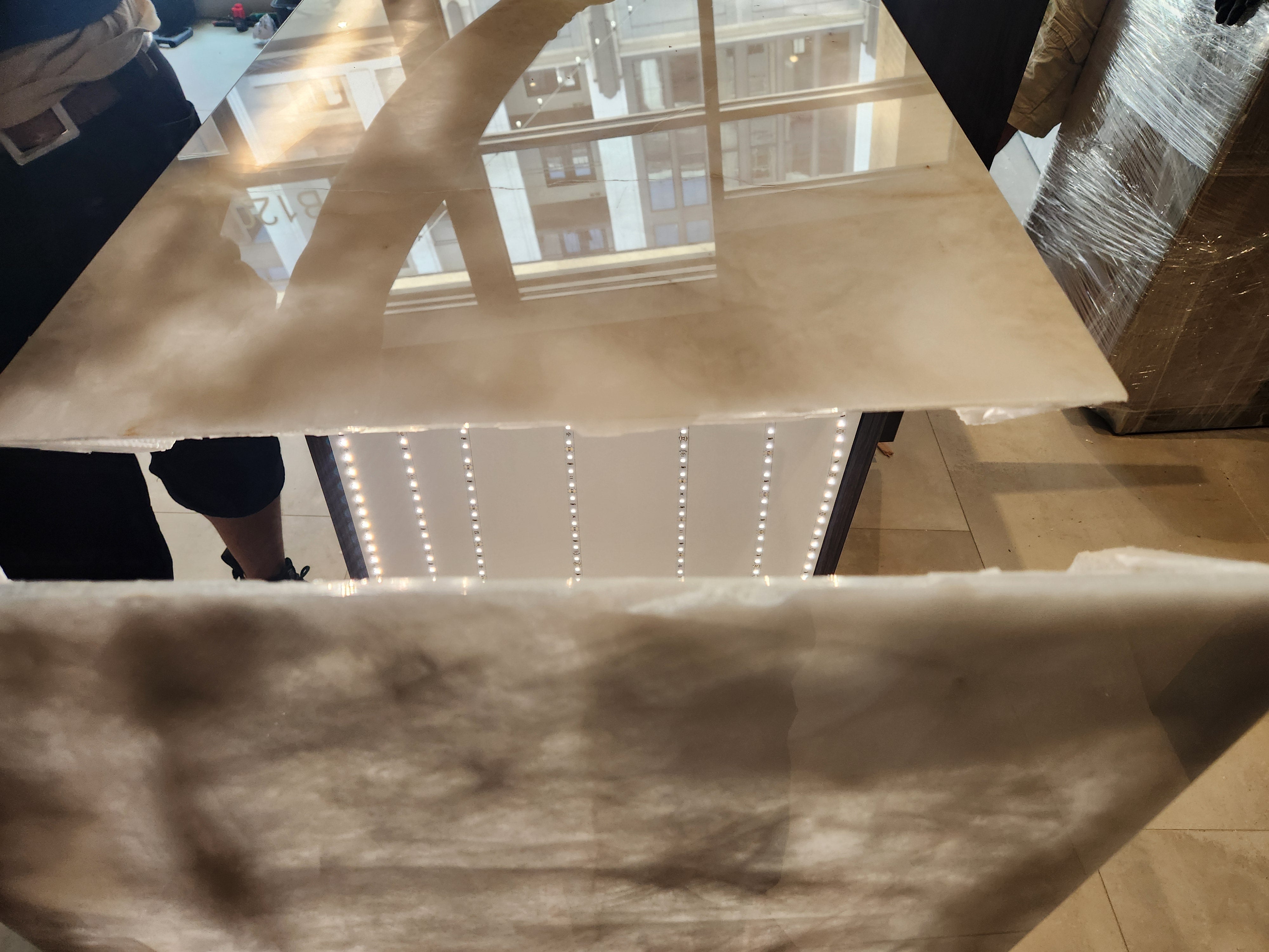 Azzurri Casa Modern Wood Paneled Wet Wine Bar with Wine Wall and Onyx Countertops