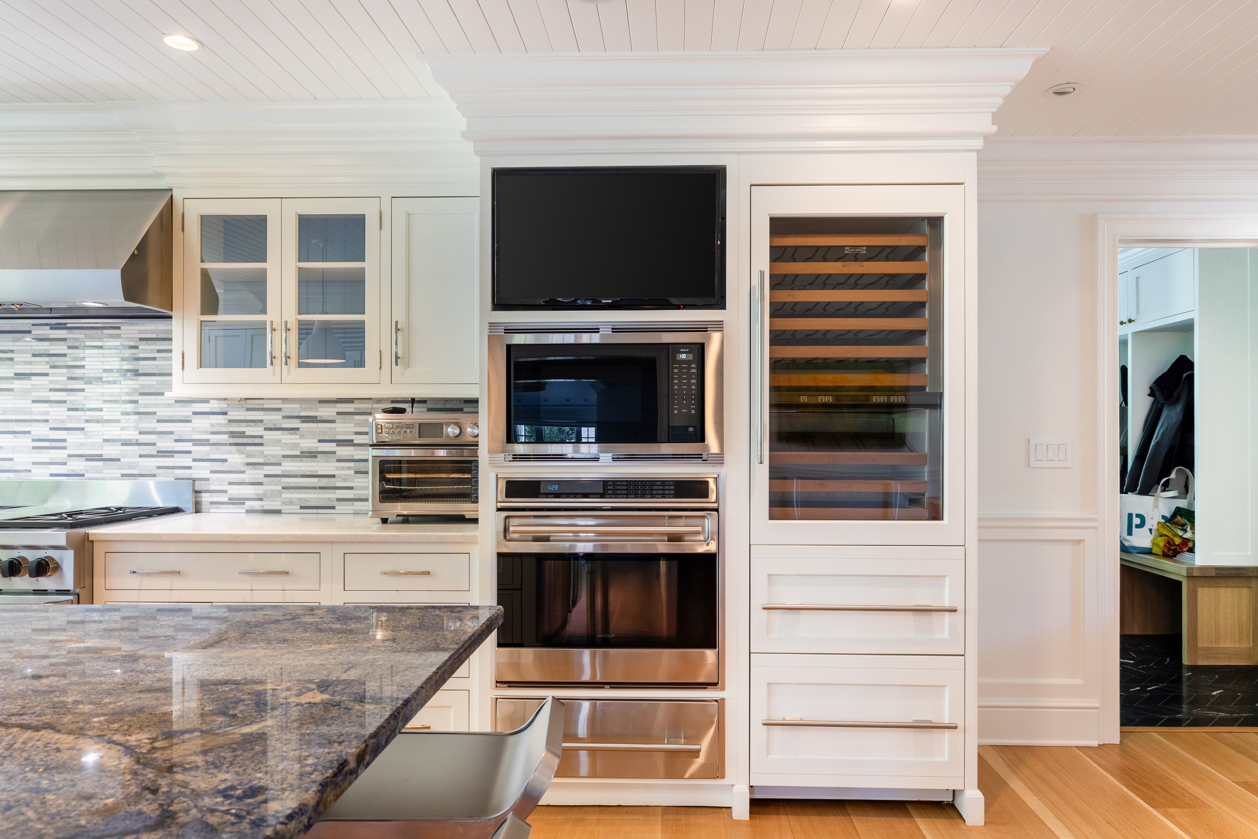 Plain & Fancy Transitional White Kitchen with Island, Countertops and Wolf & Sub-Zero Appliances