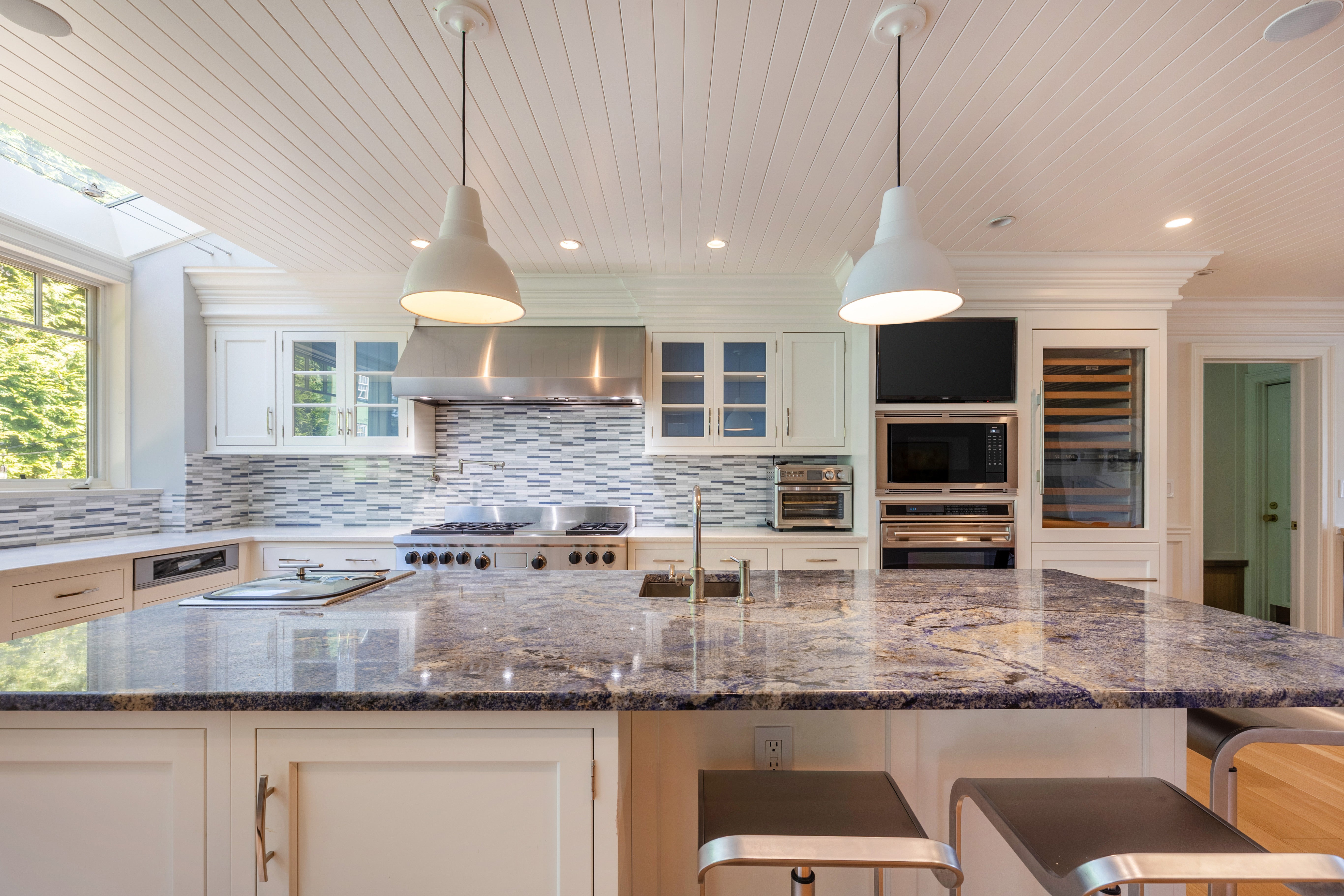 Plain & Fancy Transitional White Kitchen with Island, Countertops and Wolf & Sub-Zero Appliances