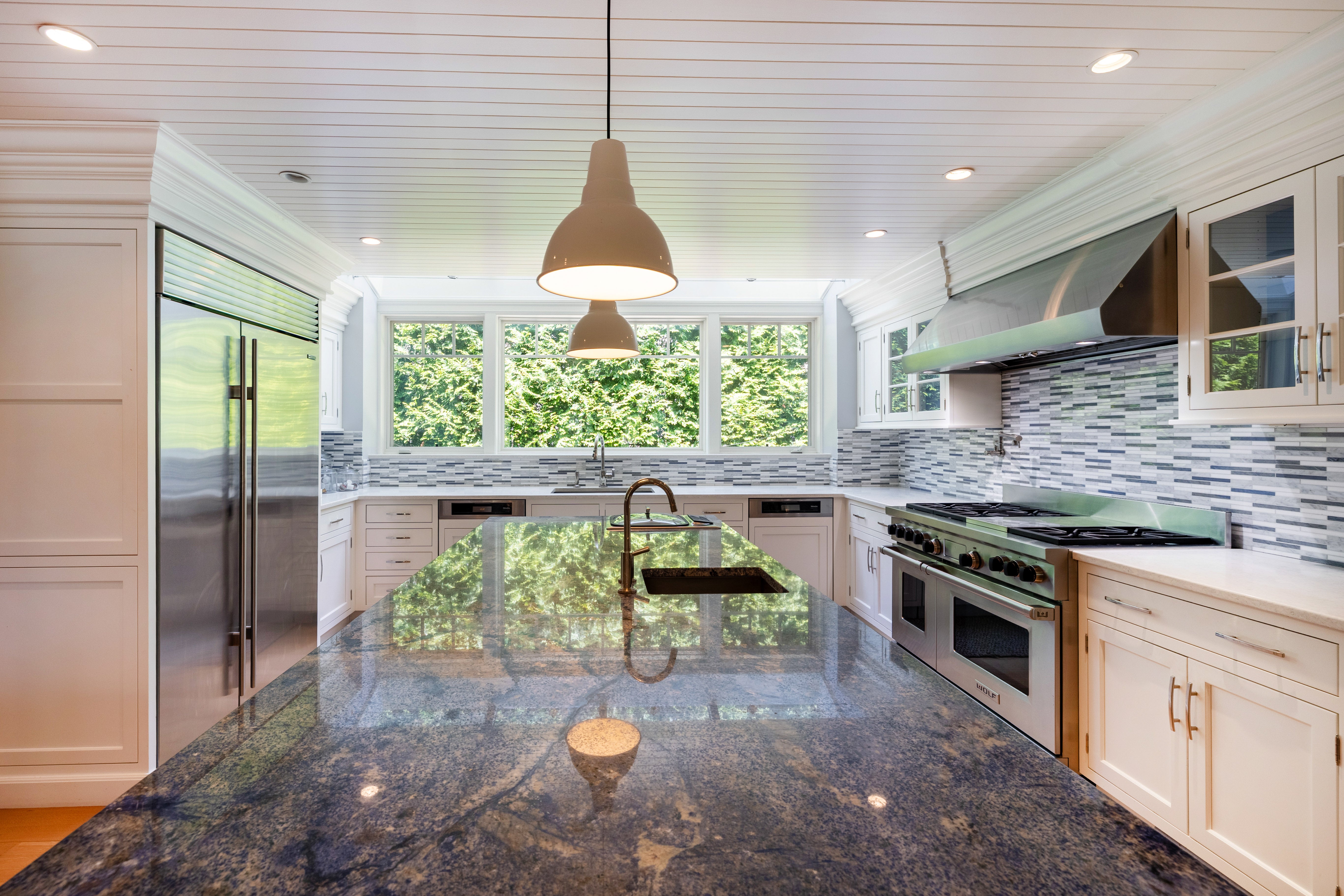 Plain & Fancy Transitional White Kitchen with Island, Countertops and Wolf & Sub-Zero Appliances