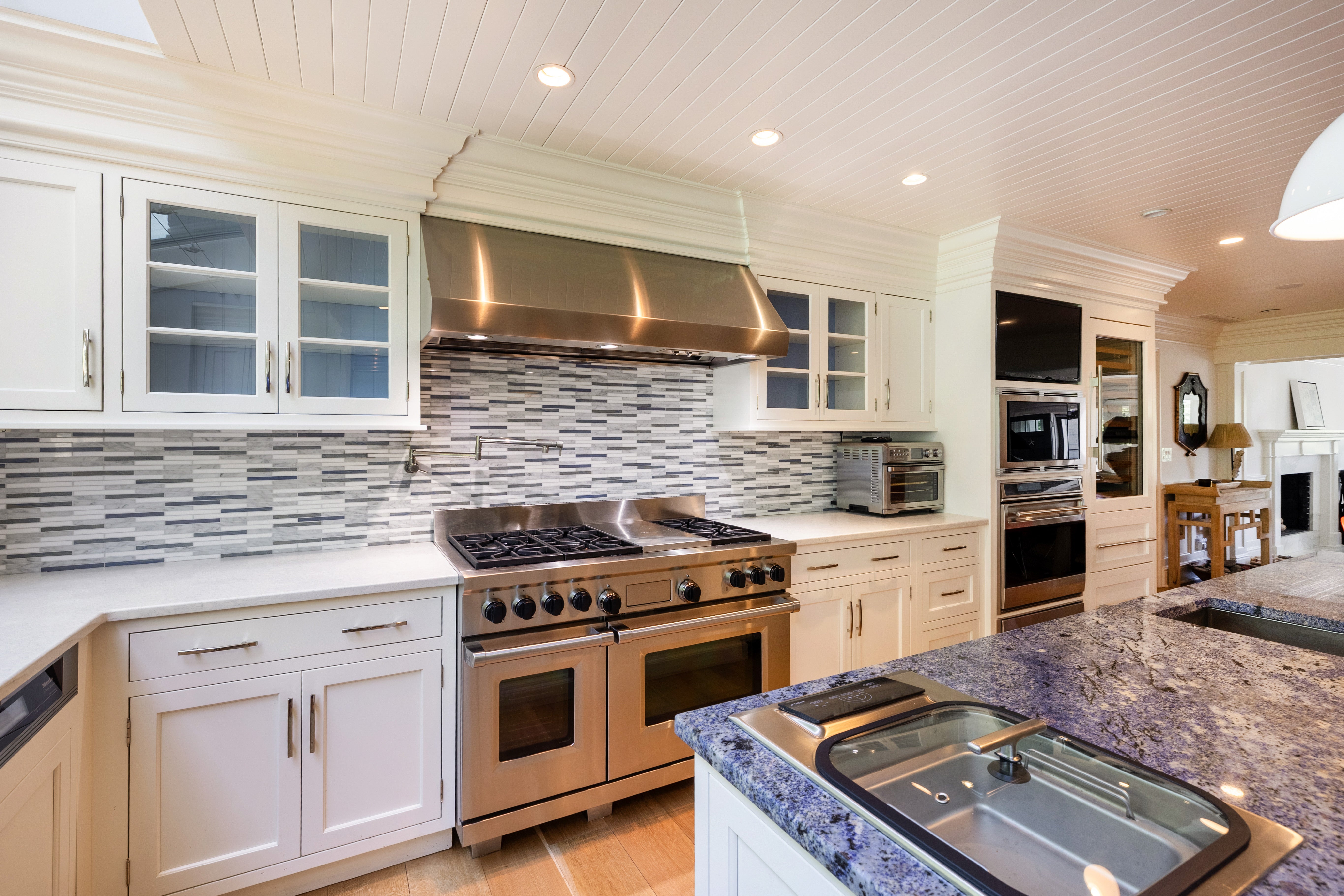 Plain & Fancy Transitional White Kitchen with Island, Countertops and Wolf & Sub-Zero Appliances