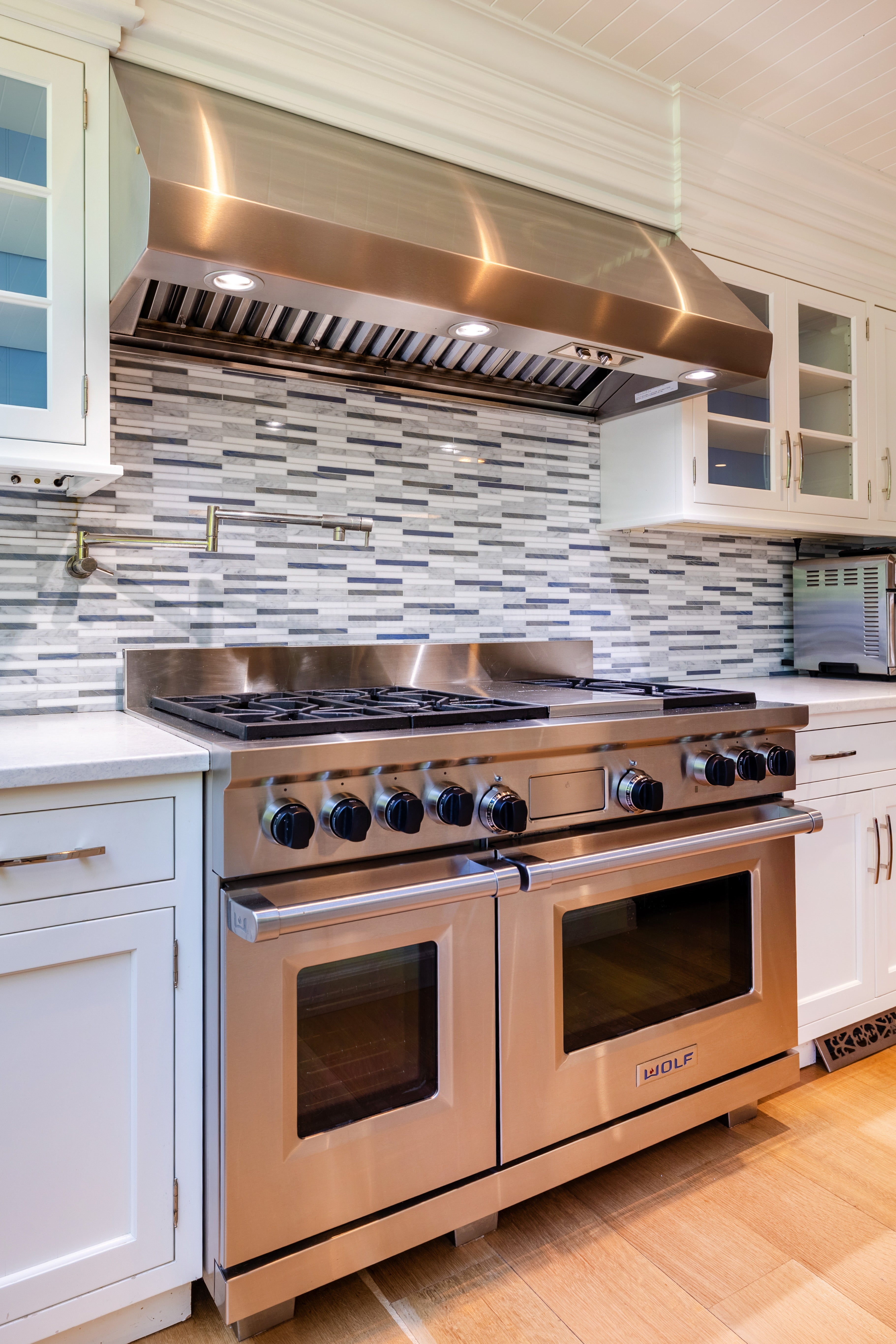 Plain & Fancy Transitional White Kitchen with Island, Countertops and Wolf & Sub-Zero Appliances