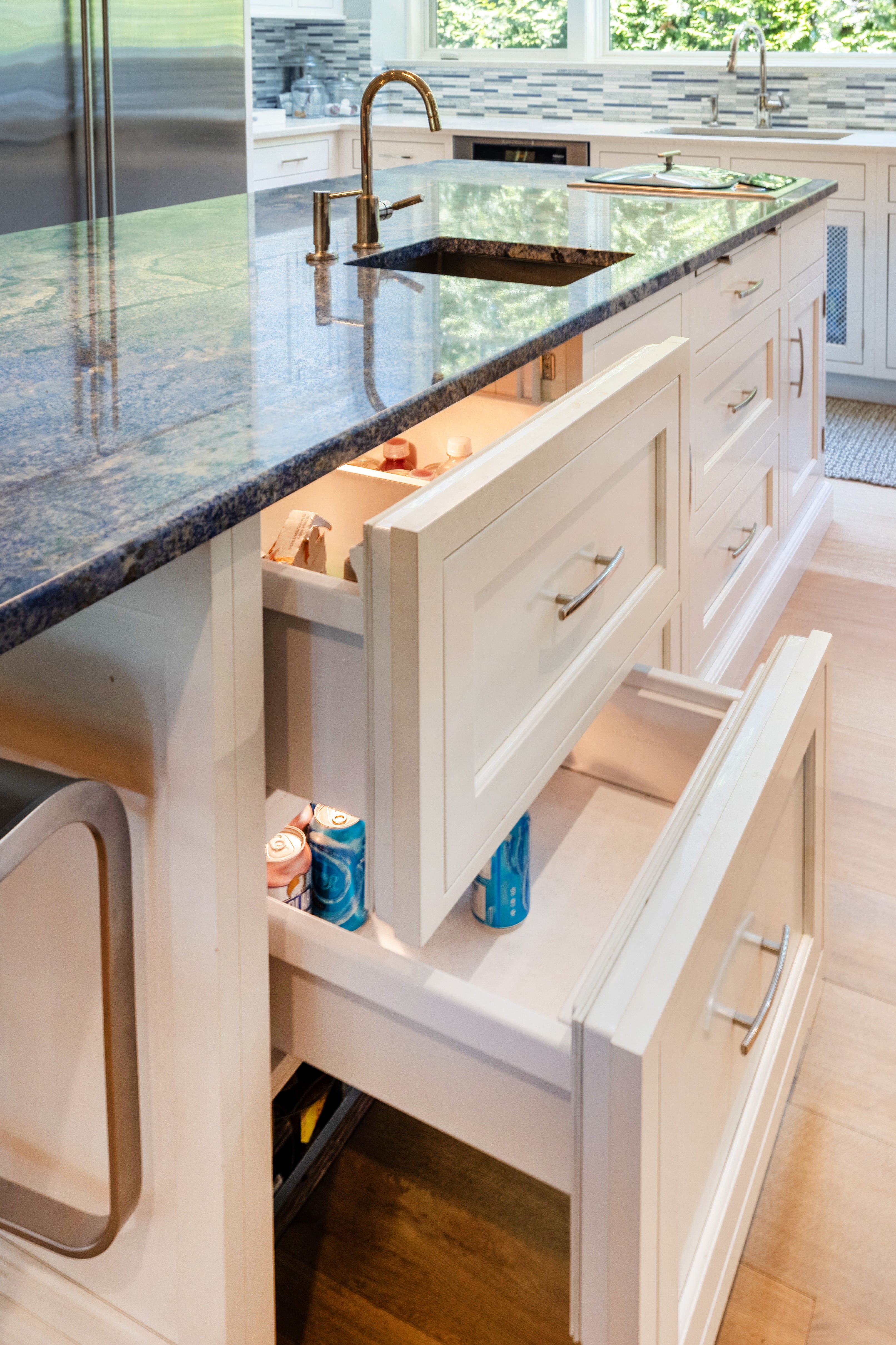 Plain & Fancy Transitional White Kitchen with Island, Countertops and Wolf & Sub-Zero Appliances