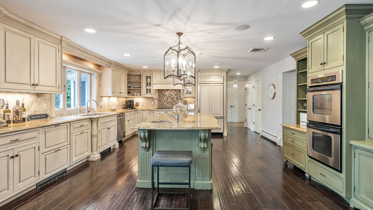 Custom Traditional Two-Tone Distressed Kitchen with Granite Countertops, Island and Appliances