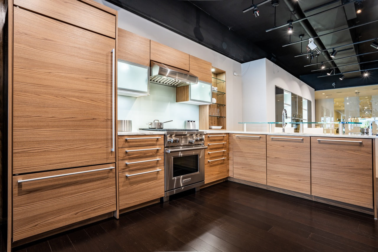 Luxury German brown elm handleless kitchen island and tall cabinet bank