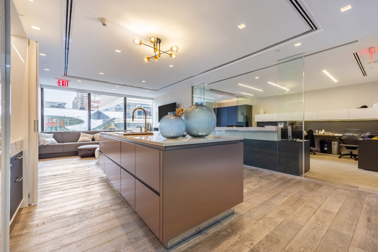 SieMatic S2 Modern Rose Gold Handleless Island with Lotus White Hideaway Pantry