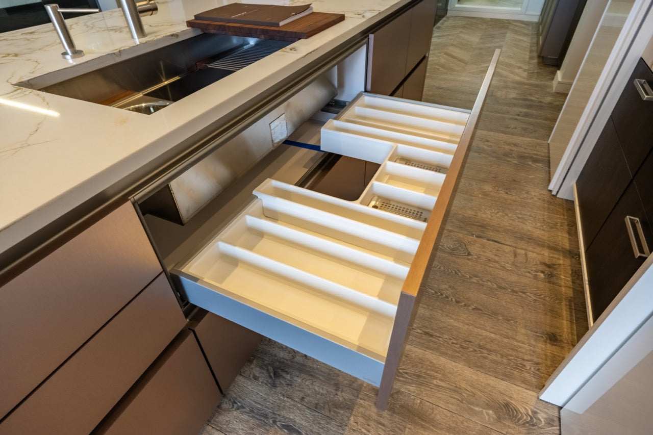SieMatic S2 Modern Rose Gold Handleless Island with Lotus White Hideaway Pantry
