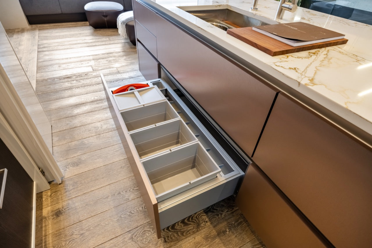 SieMatic S2 Modern Rose Gold Handleless Island with Lotus White Hideaway Pantry