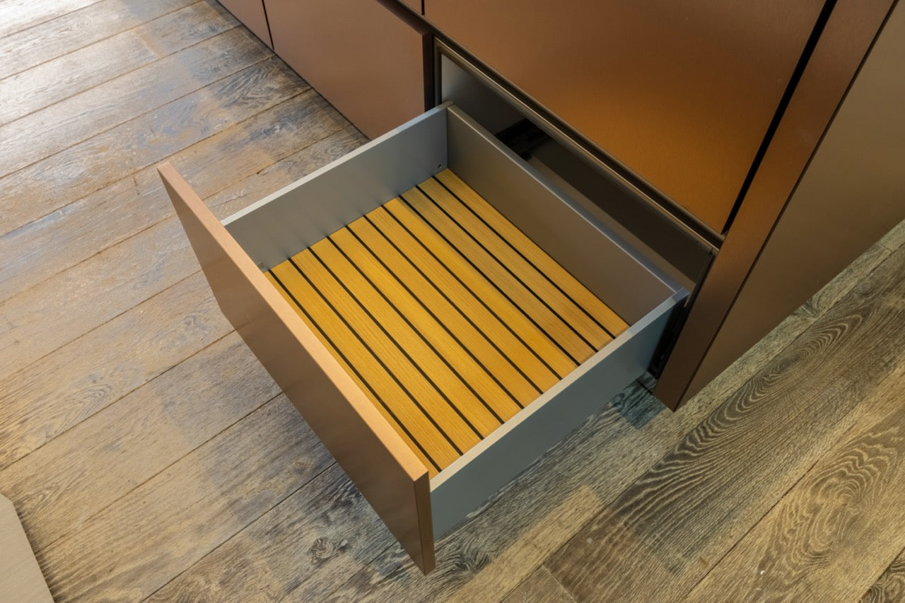 SieMatic S2 Modern Rose Gold Handleless Island with Lotus White Hideaway Pantry