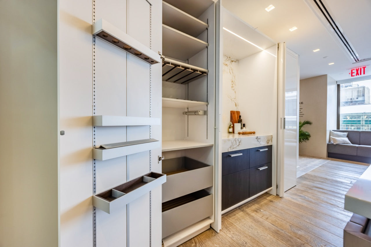 SieMatic S2 Modern Rose Gold Handleless Island with Lotus White Hideaway Pantry