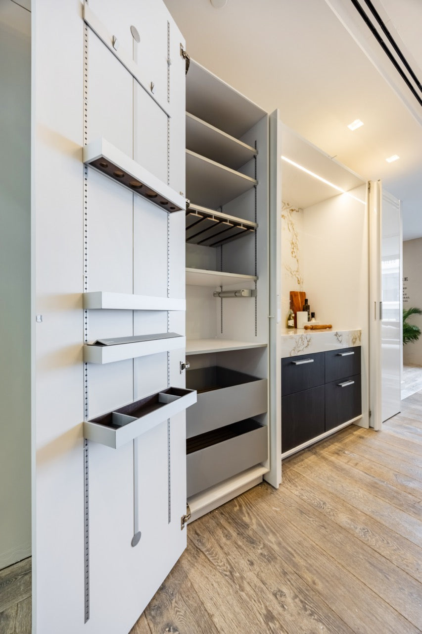 SieMatic S2 Modern Rose Gold Handleless Island with Lotus White Hideaway Pantry