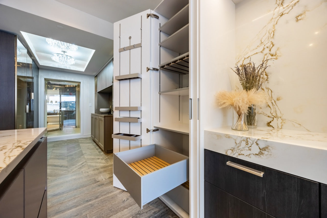 SieMatic S2 Modern Rose Gold Handleless Island with Lotus White Hideaway Pantry