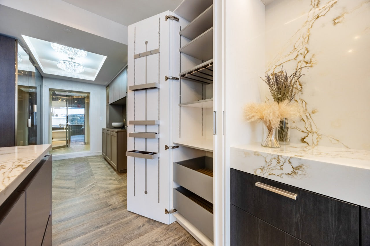 SieMatic S2 Modern Rose Gold Handleless Island with Lotus White Hideaway Pantry