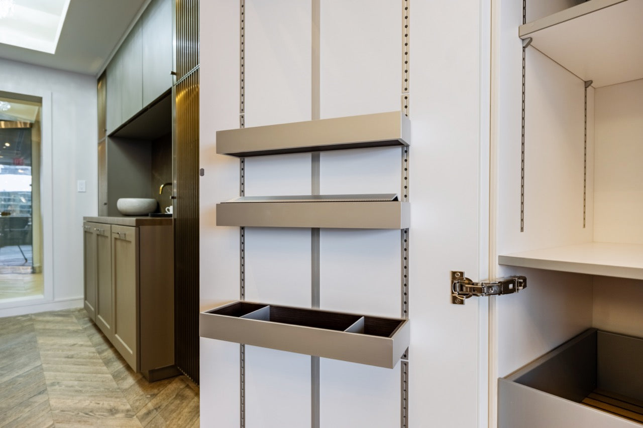 SieMatic S2 Modern Rose Gold Handleless Island with Lotus White Hideaway Pantry