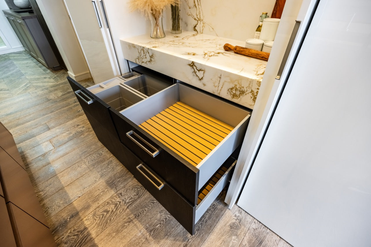 SieMatic S2 Modern Rose Gold Handleless Island with Lotus White Hideaway Pantry