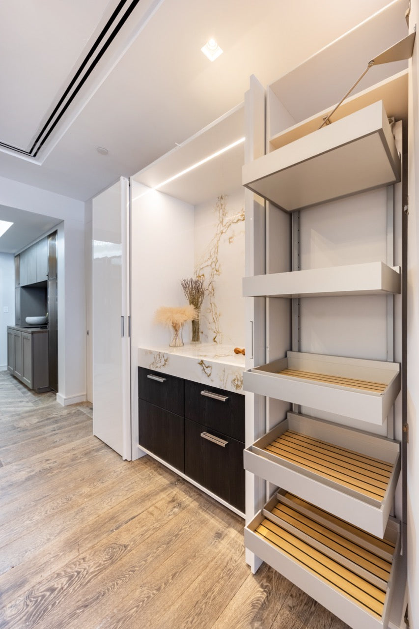SieMatic S2 Modern Rose Gold Handleless Island with Lotus White Hideaway Pantry