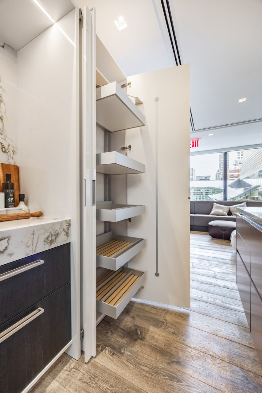 SieMatic S2 Modern Rose Gold Handleless Island with Lotus White Hideaway Pantry