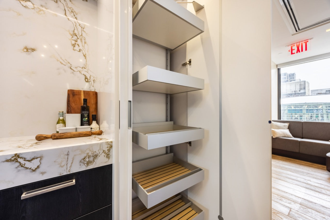 SieMatic S2 Modern Rose Gold Handleless Island with Lotus White Hideaway Pantry