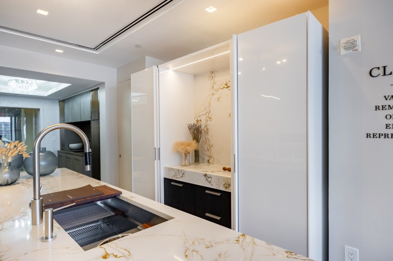 SieMatic S2 Modern Rose Gold Handleless Island with Lotus White Hideaway Pantry