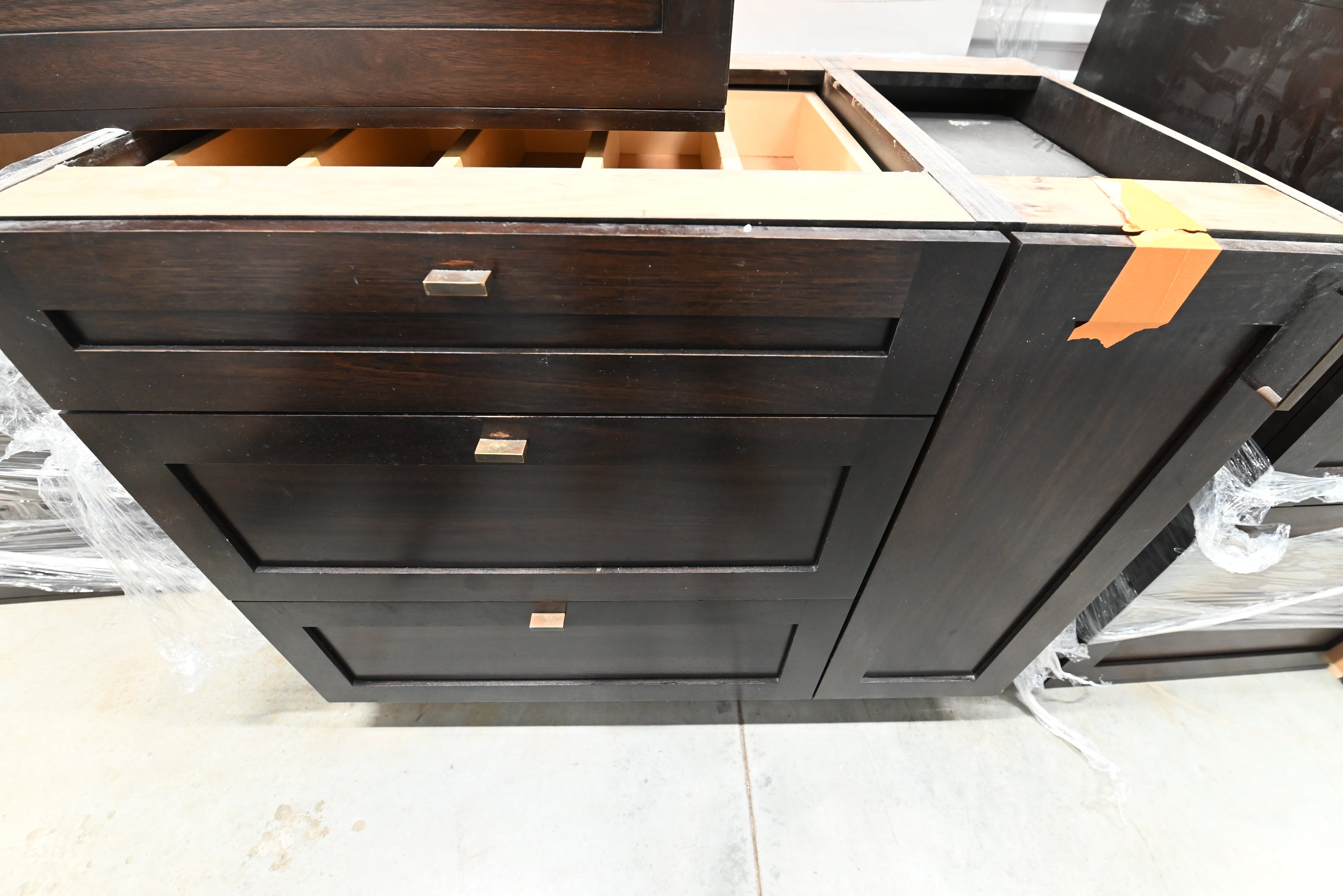 Transitional Dark Wooden Brown Kitchen with Island, Marble Countertops & Luxury Appliances
