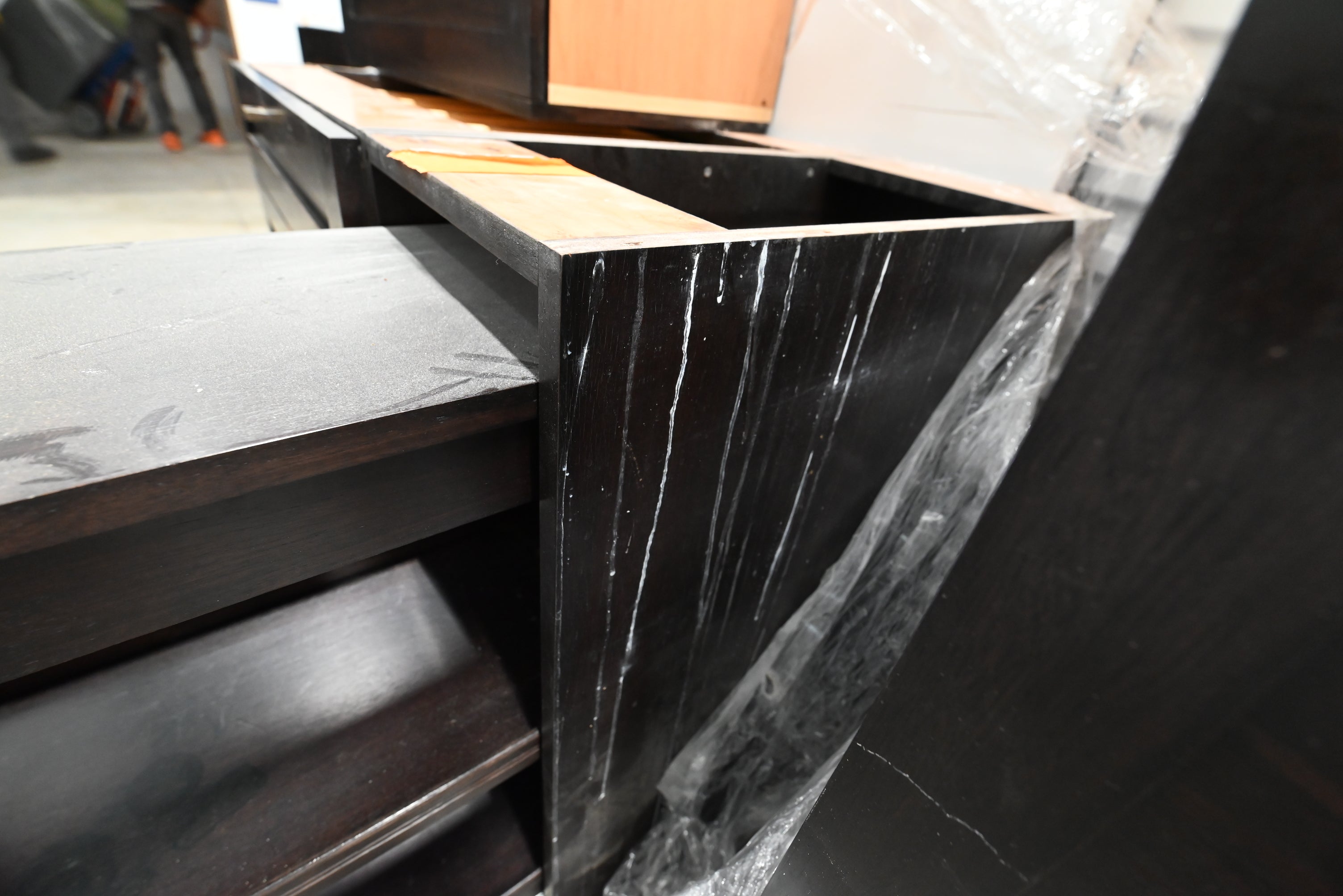 Transitional Dark Wooden Brown Kitchen with Island, Marble Countertops & Luxury Appliances