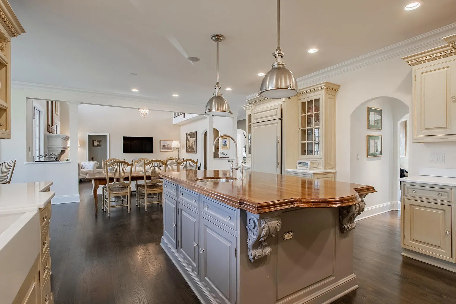 Custom Traditional "Clive-esque" Kitchen with Marble Countertops, Wood Top Island and Appliances