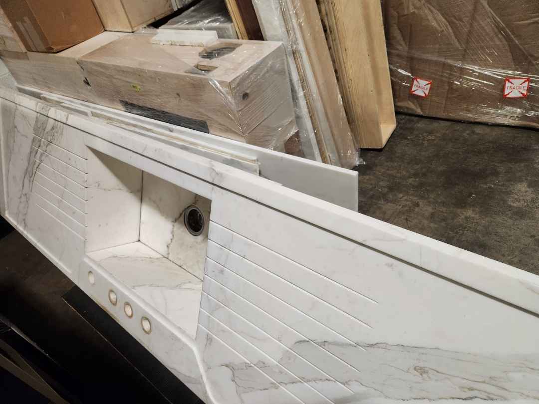 St. Charles Transitional Two-Tone White Butler's Pantry with Calcatta Marble Countertops