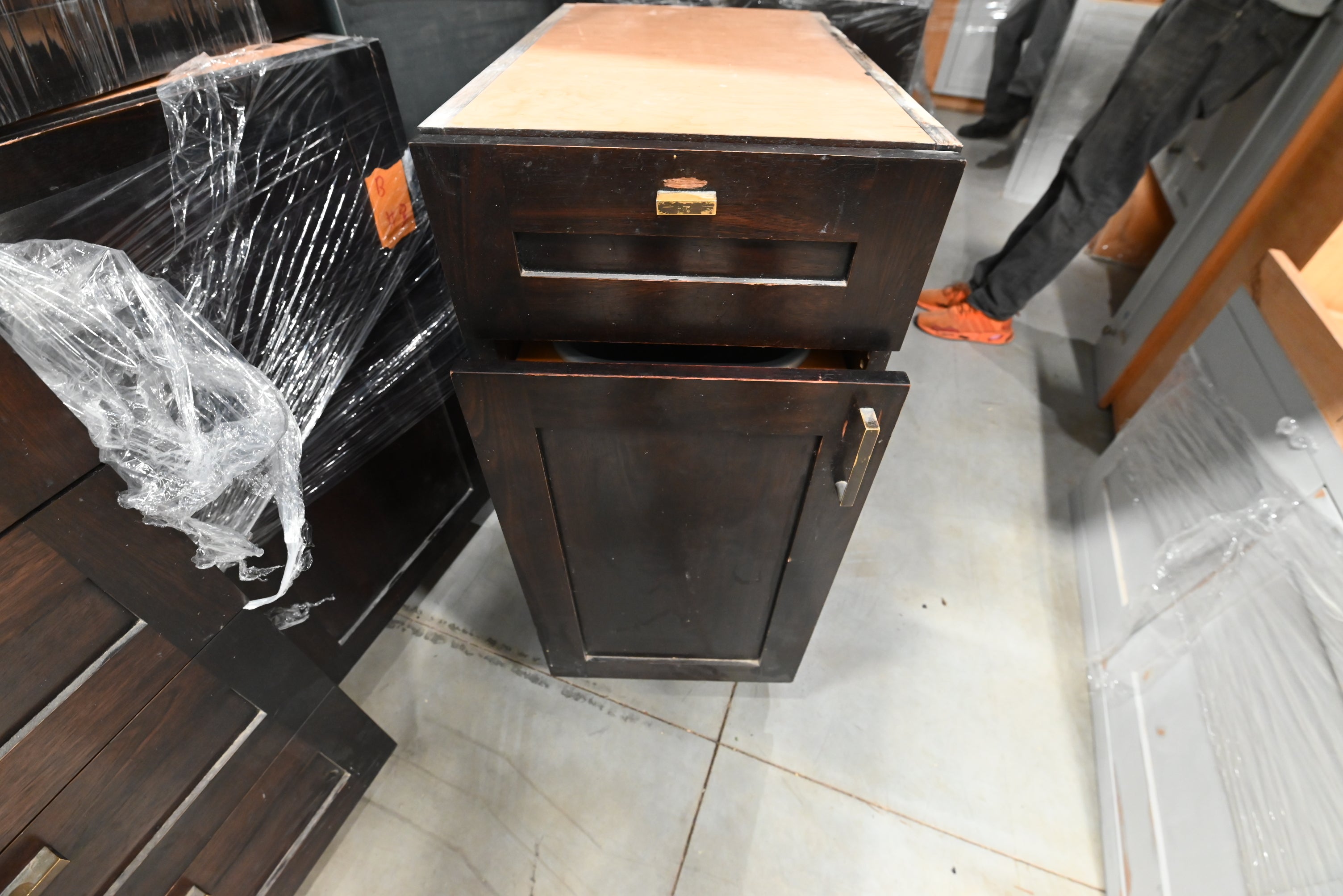 Transitional Dark Wooden Brown Kitchen with Island, Marble Countertops & Luxury Appliances