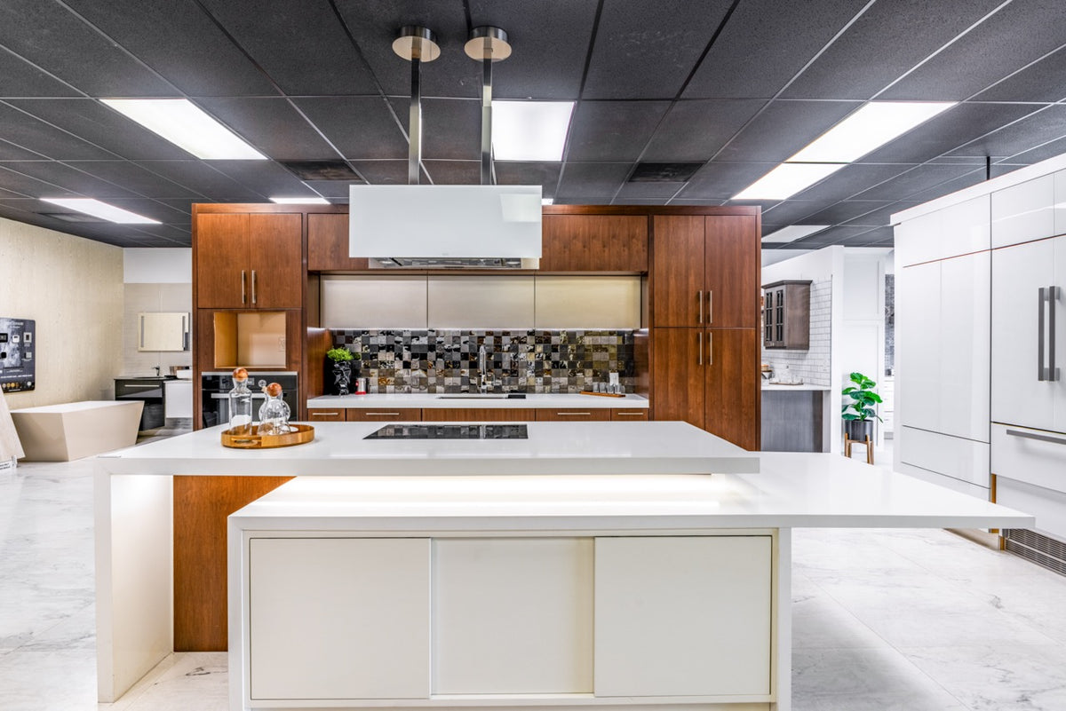 High-end residential custom millwork cabinetry in gloss white and wood finish