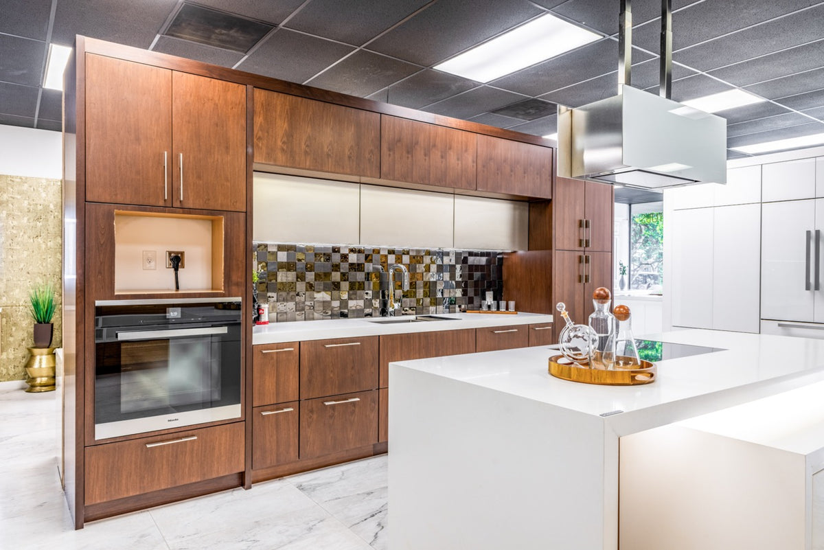 Wood-Mode Modern Gloss White & Natural Stain Kitchen with Island & Appliances