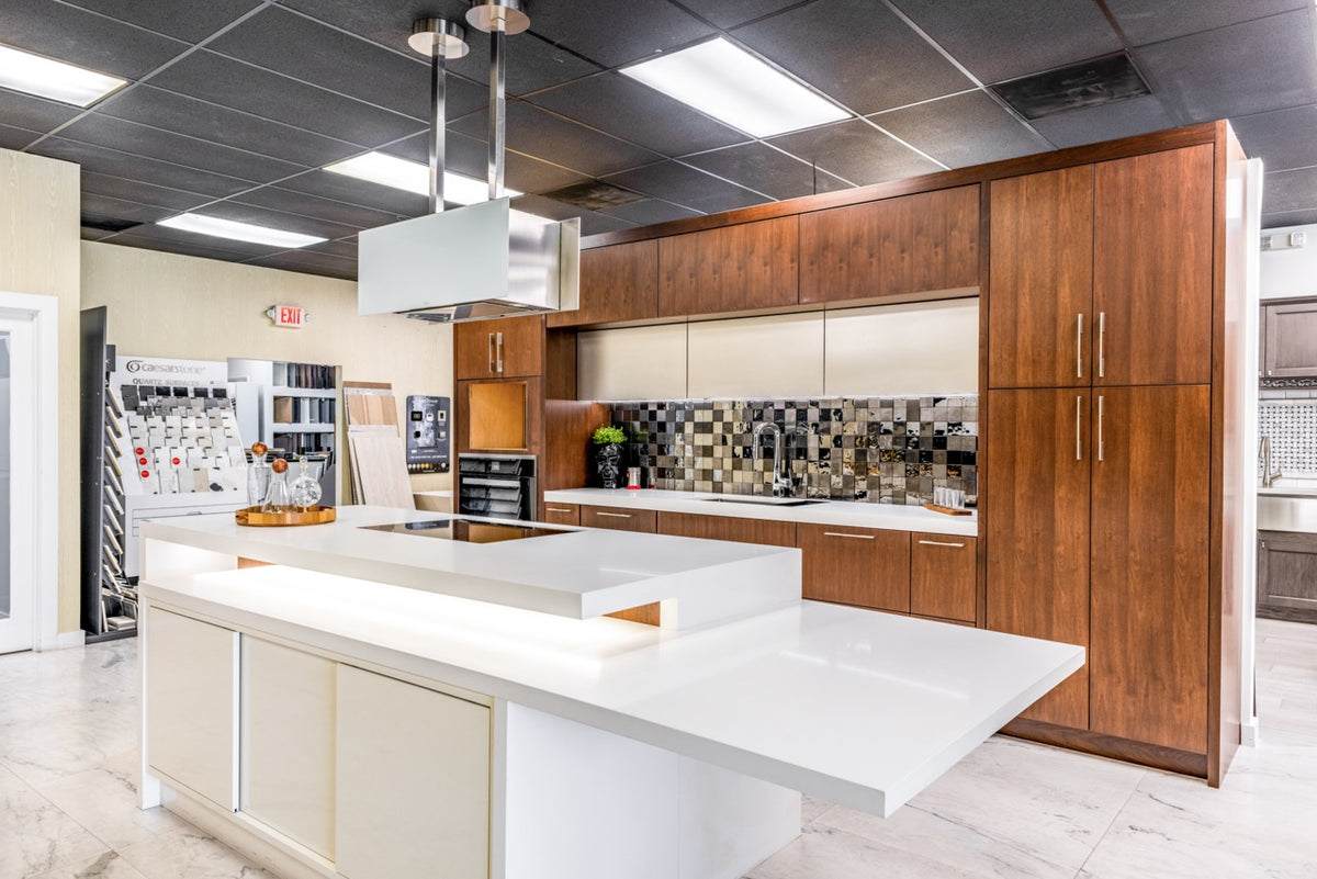 Wood-Mode Modern Gloss White & Natural Stain Kitchen with Island & Appliances