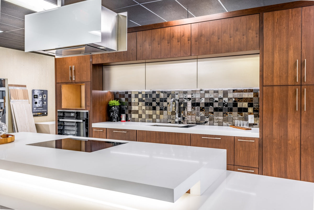Wood-Mode Modern Gloss White & Natural Stain Kitchen with Island & Appliances
