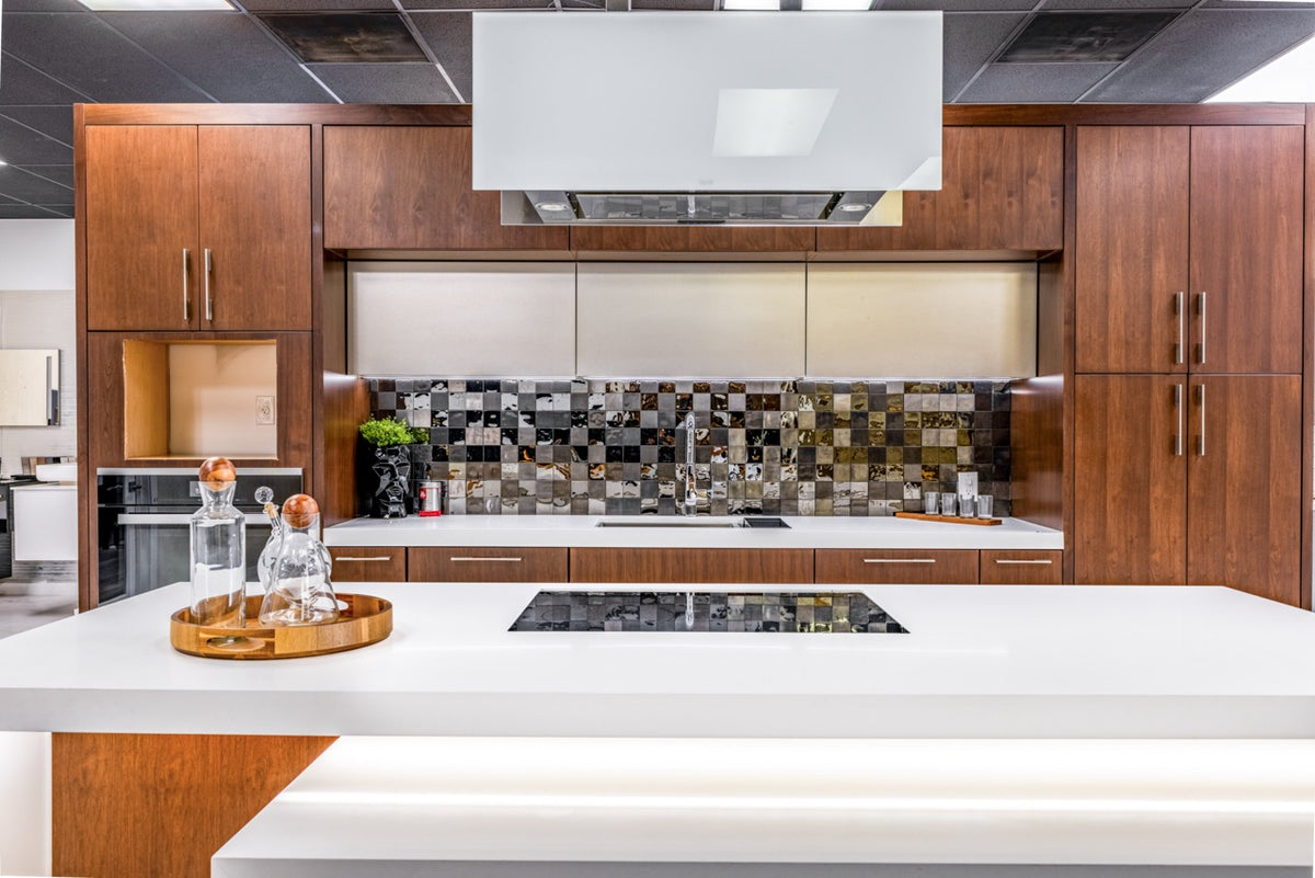 Wood-Mode Modern Gloss White & Natural Stain Kitchen with Island & Appliances
