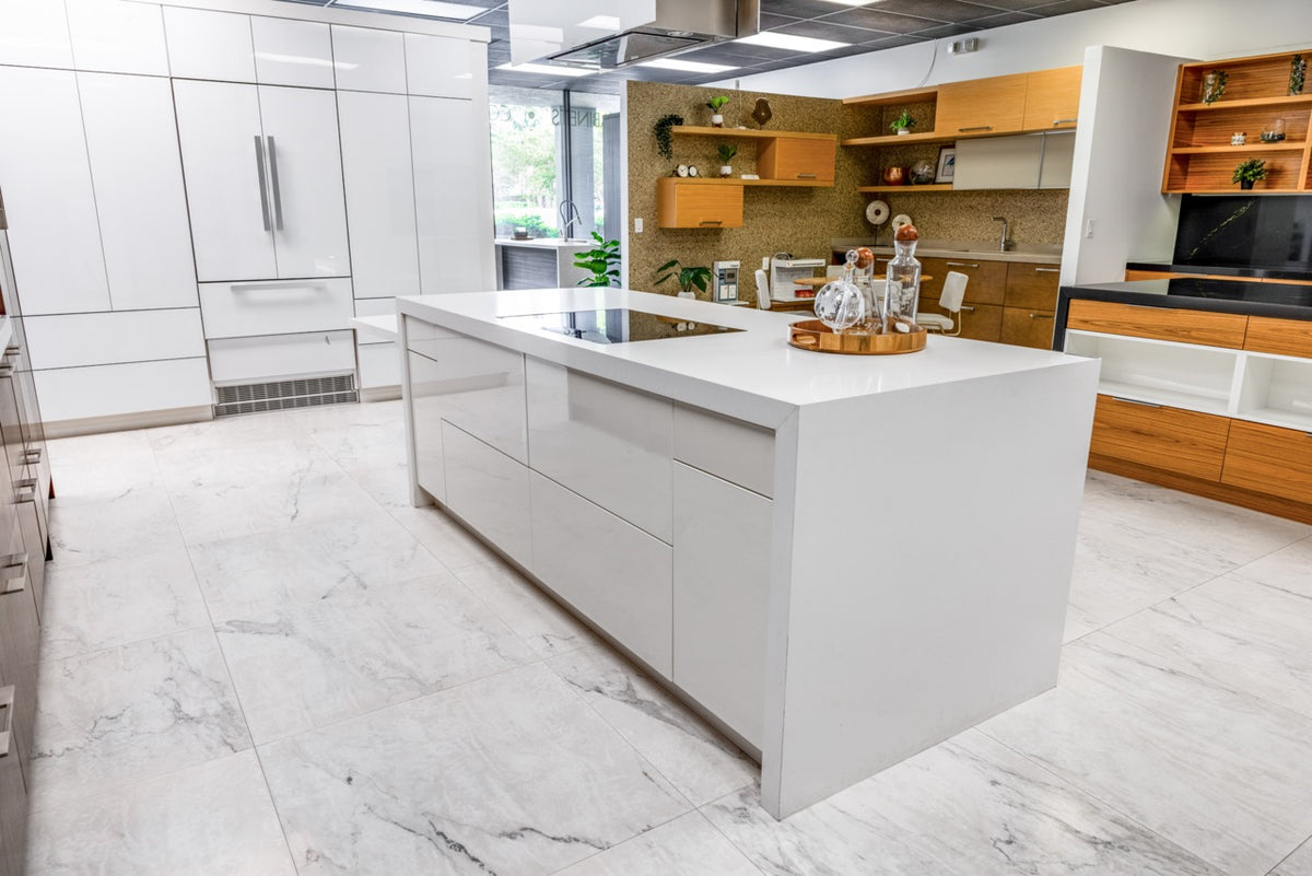 Wood-Mode Modern Gloss White & Natural Stain Kitchen with Island & Appliances