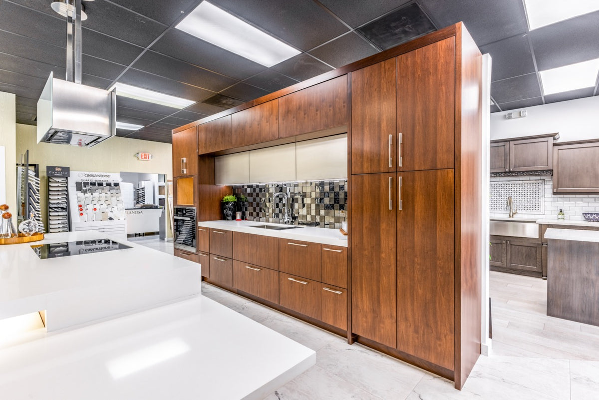 Wood-Mode Modern Gloss White & Natural Stain Kitchen with Island & Appliances