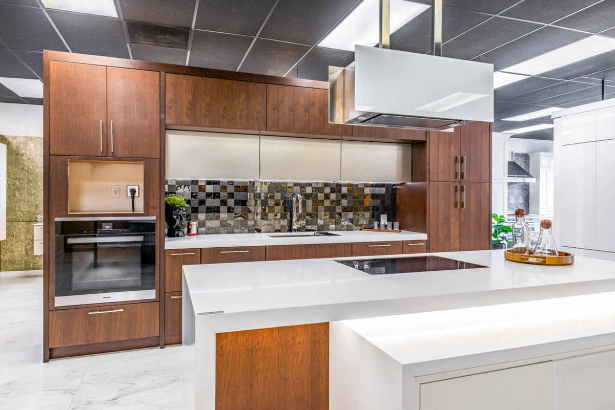 Wood-Mode Modern Gloss White & Natural Stain Kitchen with Island & Appliances