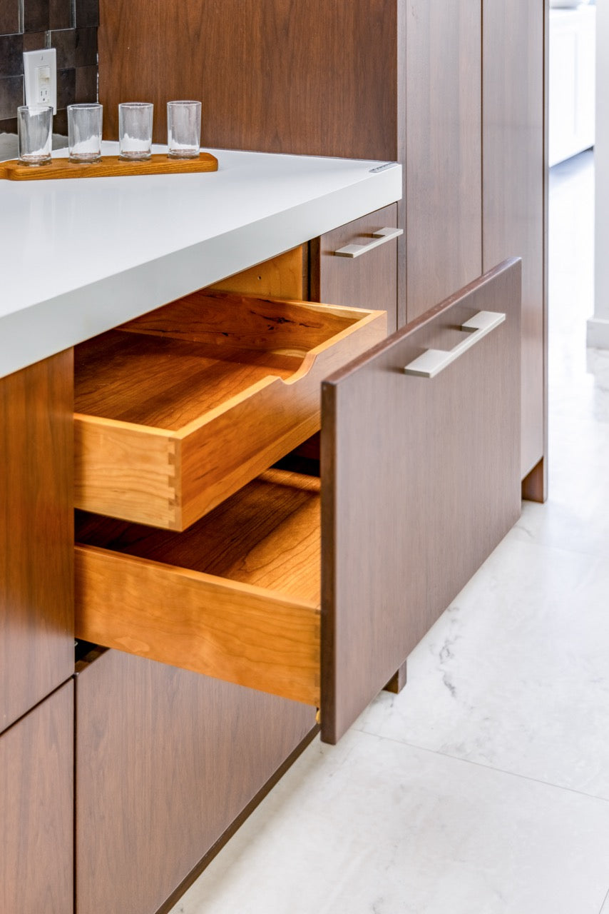 Wood-Mode Modern Gloss White & Natural Stain Kitchen with Island & Appliances