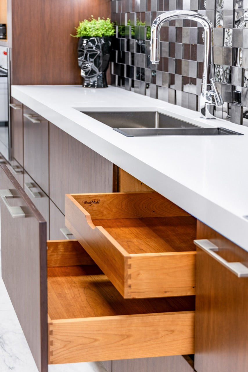 Wood-Mode Modern Gloss White & Natural Stain Kitchen with Island & Appliances