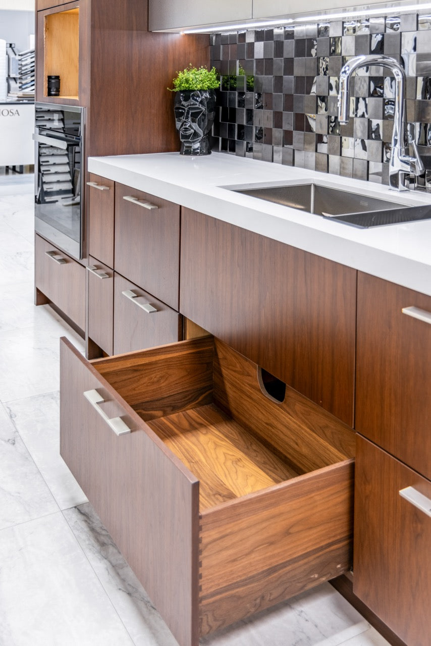 Wood-Mode Modern Gloss White & Natural Stain Kitchen with Island & Appliances